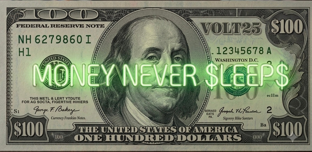Money never sleeps dollar bill in colour changing RGB
