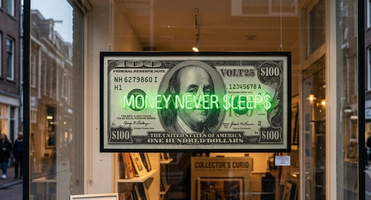 Money never sleeps dollar bill in colour changing RGB